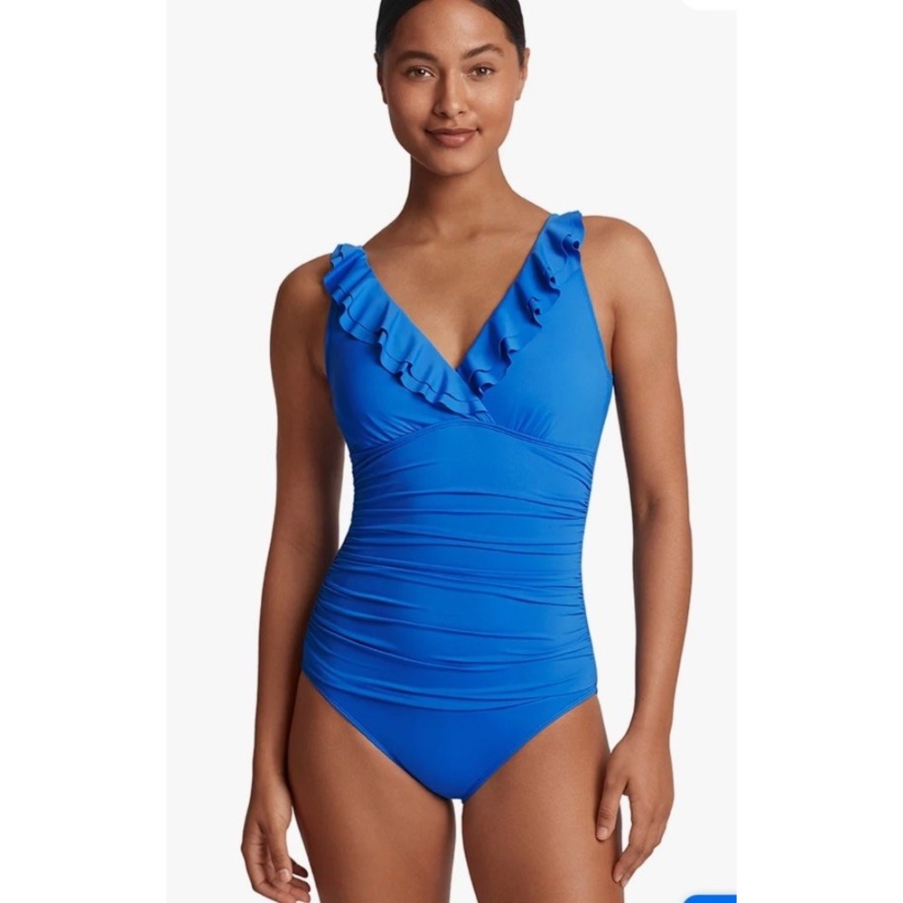 LAUREN RALPH LAUREN Royal Blue Crossover Ruffle One‎ Piece Swimsuit 6 Underwire - Picture 2 of 8